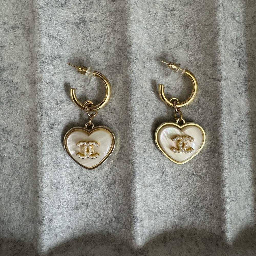 Gold Heart CC Drop Earrings with Pearl Inlay - Designer Logo Accent